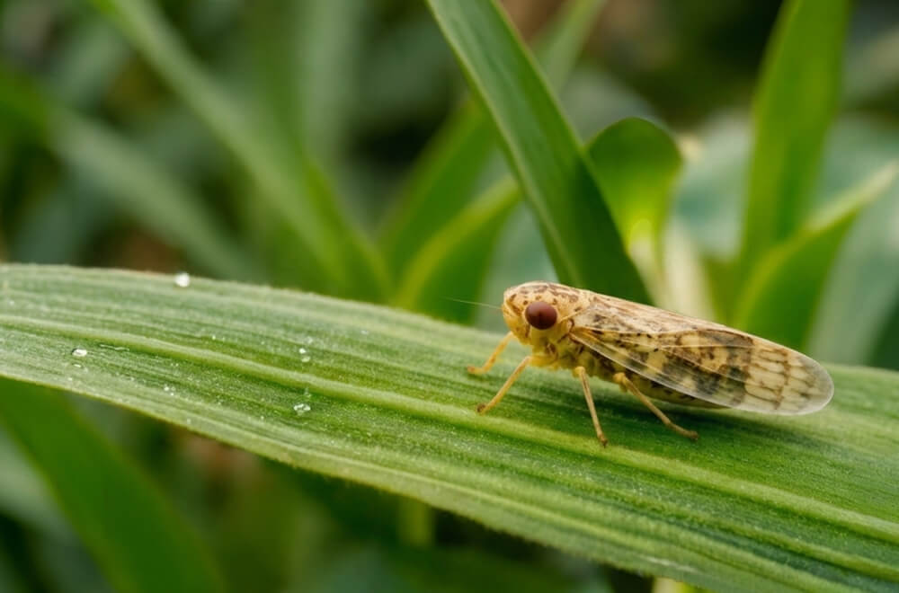 Macrofotografía de la chicharrita del maíz Dalbulus maidis sobre una hoja verde.