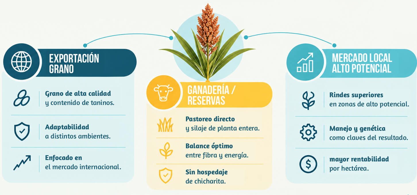 Infografía sobre la elección del híbrido de sorgo según exportación de grano, ganadería y reservas, y mercado local de alto potencial.