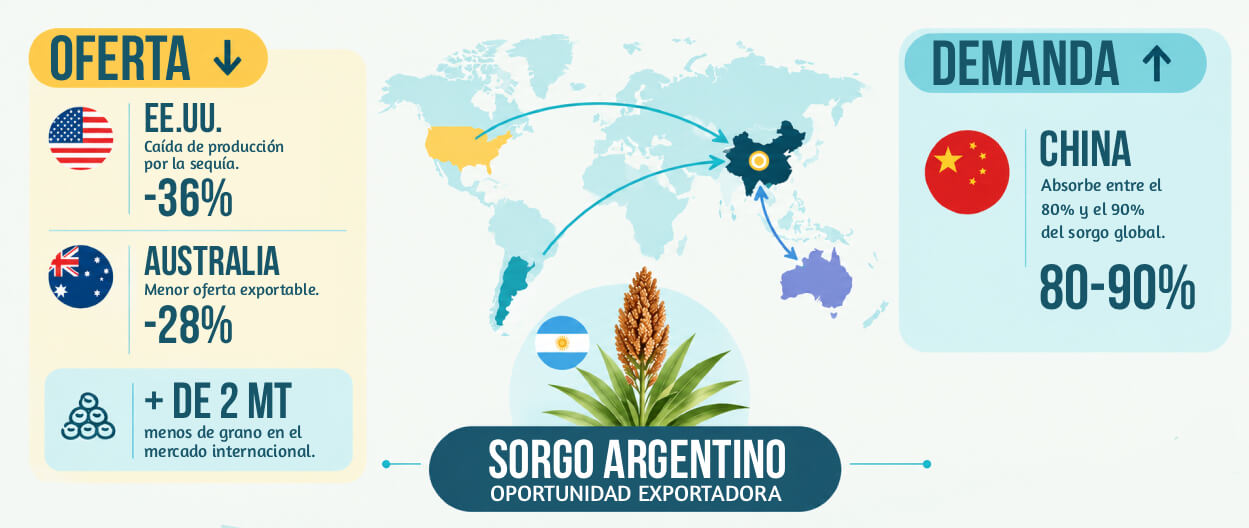Infografía del mercado global de sorgo con la caída de oferta en EE. UU. y Australia frente a la demanda de China y la oportunidad exportadora argentina.